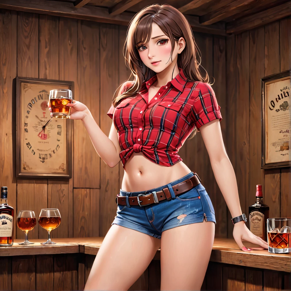 (((Being a single woman:2.0))),(((NSFW:0.5))),(((Wear denim hot pants:1.5))),(((Wear a red checked short-sleeved collared shirt:1.5))),(((Wear a gun belt with a holster:1.8))),,((Wear a watch on your wrist:1.5))),(((Showing cleavage))),(((Exposed thin inner thighs))),(((Small breasts:1.5))),(((Navel exposed:1.5))),(((Bare arms))),(((Put on your boots:1.5))),((Blushed:1.8)), Beautiful detailed girl, Very detailed目と顔, 緻密でBeautiful Eyes, Very detailed, High resolution, Highest quality, masterpiece, Very detailed, 8k wallpaper, wonderful, finely, Highest quality,(Standing in front of a wooden wall),Beautiful Eyes,((Engage your audience:1.5))),((Drinking whiskey:1.4)),(((Drunk:1.8))),(((Crying face:1.5))),(((Touch your chest with your left hand:1.2)))