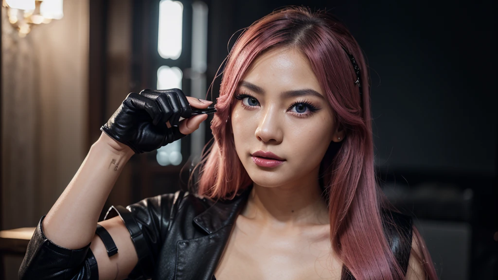 8k, realistic, ultra quality, beatiful asian girl, Stern anime girl, no background, no nude, (Highest Quality, Amazing Details:1.25), cinematic lighting, unique, whole body in picture, black gloves, high-quality, very long hair, hair intakes, makeup, lipstick, eyelashes, ultra detailed eyes, ultra detailed face, ultra detailed lips, ultra detailed lipstick, ultra detailed makeup, 18 years girl, blue eyes, pink hair, masterpiece, 8k,