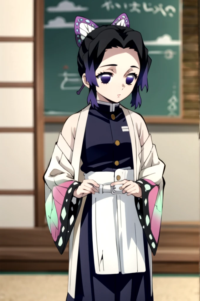 EFT_Shinobu, 1girl, kochou shinobu, demon slayer uniform, butterfly hair ornament, solo, hair ornament, purple hair, multicolored hair, purple eyes, black hair, japanese clothes, gradient hair, belt, short hair, sheath, long sleeves, empty eyes, parted bangs, jacket, no pupils, bangs, white belt, blurry background, indoors, full body, blurry. standing, hands down, crop top, bare shoulder