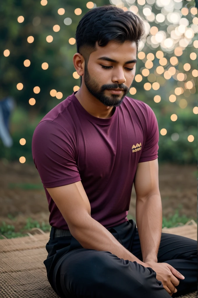 solo , 1 person sits on the floor, eyes closed, head raised. , Picture of a handsome indian student, wearing a uniform pink full shirt and black pant, short hair, short beard, no muscles, outdoors, countryside. (field:1.2), thailand ,(bokeh background:1.5)