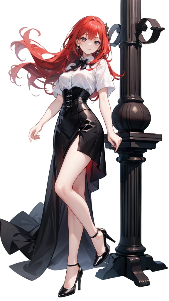 red Hair,long hair,Adult female,White Y-shirt,((Rolling up his sleeves)),(corset),(Black tight skirt),(High heels),((Simple white background)),smile,((whole body)),((full body)),