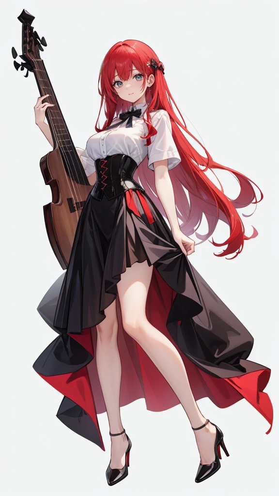 red Hair,long hair,Adult female,White Y-shirt,((Rolling up his sleeves)),(corset),(Black tight skirt),(High heels),((Simple white background)),smile,((whole body)),((full body)),