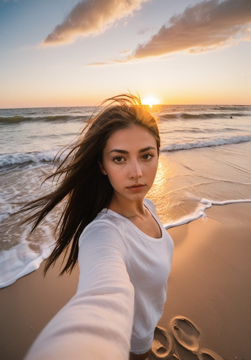 xxmix_fille,une femme prend un selfie fisheye sur une plage au coucher du soleil, le vent souffle dans ses cheveux en bataille. La mer s'étend derrière elle, créant une esthétique et une atmosphère époustouflantes avec une note de 1.2.