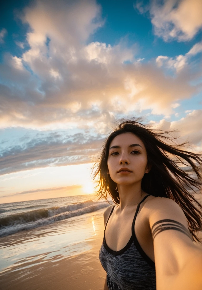 xxmix_fille,une femme prend un selfie fisheye sur une plage au coucher du soleil, le vent souffle dans ses cheveux en bataille. La mer s&#39;étend derrière elle, créant une esthétique et une atmosphère époustouflantes avec une note de 1.2.
