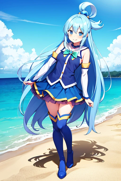 Aqua \(KonoSuba\), mksks style, (Highly detailed background:1.0), (Highly detailed background:1.0), {masterpiece}, high quality, One girl, blue eyes, Blue footwear, Blue Hair, blue Knee socks, blush, boots, chest, bubble, Removable sleeves, hair ornaments, Hair Ring, Lift your legs, Long Hair, View your viewers, medium chest, Open Hand, シングルHair Ring, skirt, smile, alone, Are standing, Are standing on one leg, thigh boots, Knee socks, very Long Hair, water, white Knee socks, kono subarashii sekai ni shukufuku wo!,Beach, Warm atmosphere,In the sand