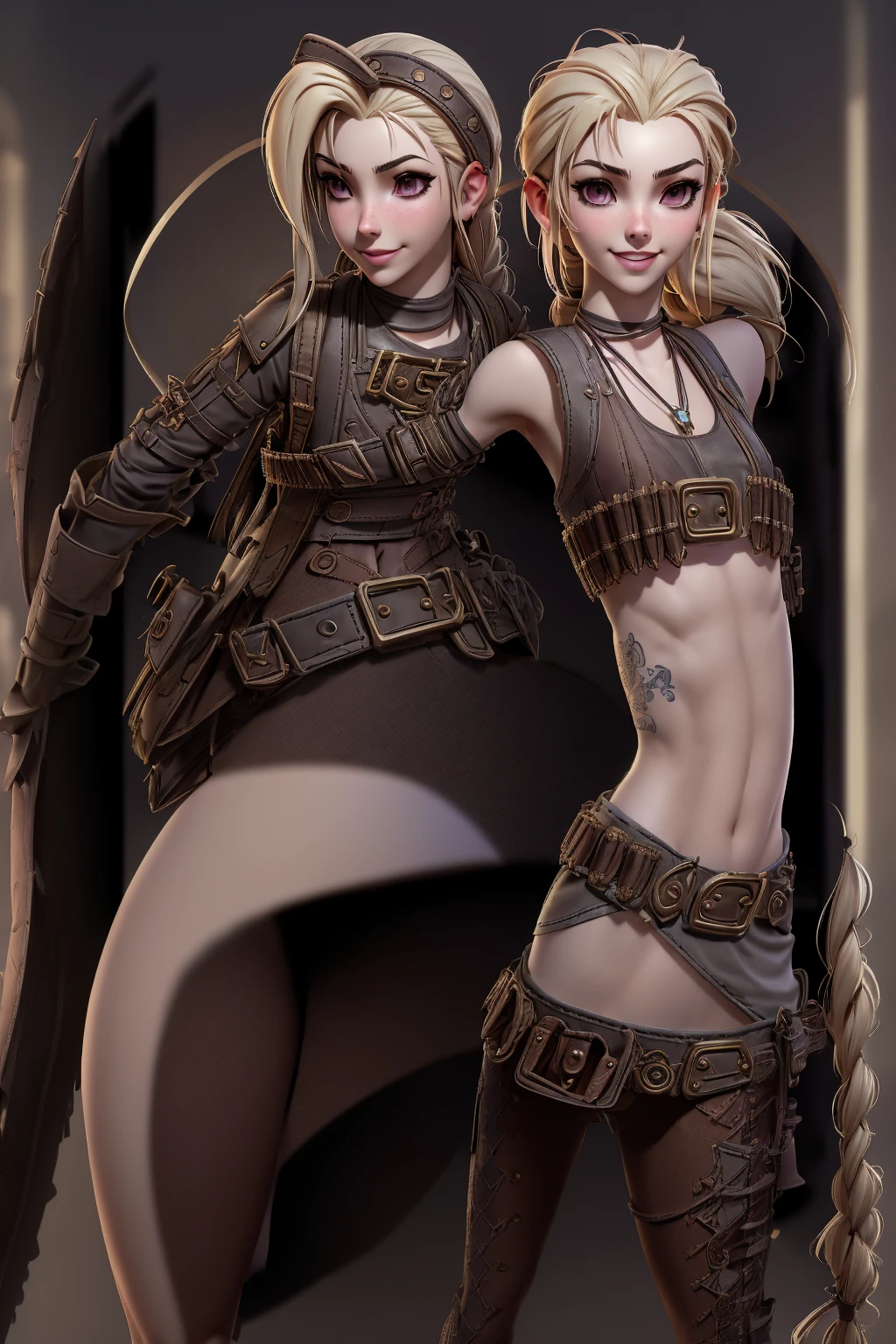 close up 1girl in, Jinx, league of legends, ager, Solo, long ponytail, straight blonde hair, super long blonde hair,  some small freckles, pale skin, full medium breasts, cleavage, runners body, (thin hips, thin waist: 1.25), (arched back:1.12), detailed skin, neutral face, shy smile, revealing clothes, (wearing cropped chest armor, armored short shorts, armored boots: 1.1), (detailed steampunk city background:1.1), dark rooftop, overlooking apocalyptic city, 4k textures, soft light, elegant, highly detailed, sharp focus, soothing tones, insane details, intricate details, hyperdetailed, low contrast, exposure blend, hdr, faded