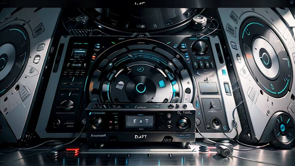 DJ set, Music, cassette, CD Player, Futuristic device for music playing, Music reproducer, Lo-fi, writing, abstract, colorful, high resolution, high quality, neon colors, dark grey background, black grey grdient