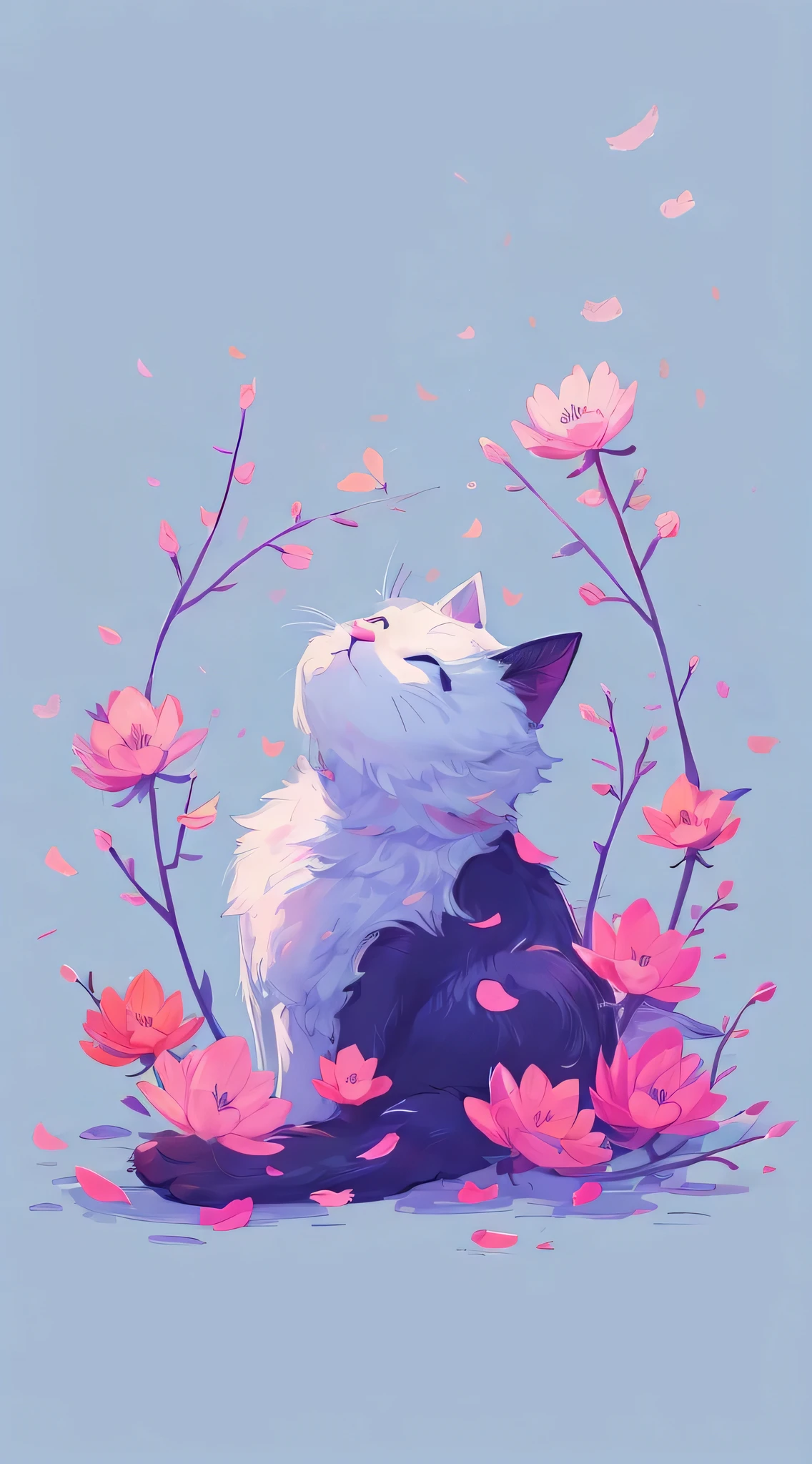 minimal clear background. blue purple color background. centered design. an simple illustration of a cute cat. a flower bush. pink flowers. nice colors.