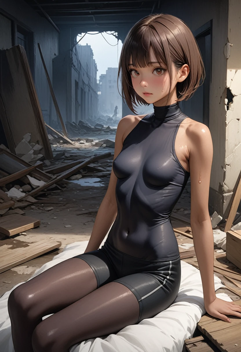 (masterpiece,Highest quality:1.3,best quality illustration,realistic),cowboy shot,1woman,30 year old Japanese beauty,Special Forces Female Soldier、((very small head:1.2)),brown short bob hair,bangs,brown eyes,gorgeous eyes,shy,small breasts,((very long body:1.2)),((toned body,slender body,skinny,tan skin)),(Black turtleneck、No sleeve、navel、Black shorts),gleaming skin,shiny skin,sweat,sitting,Simple bed、The collapsed bedroom、Collapsed building、ruins、night、