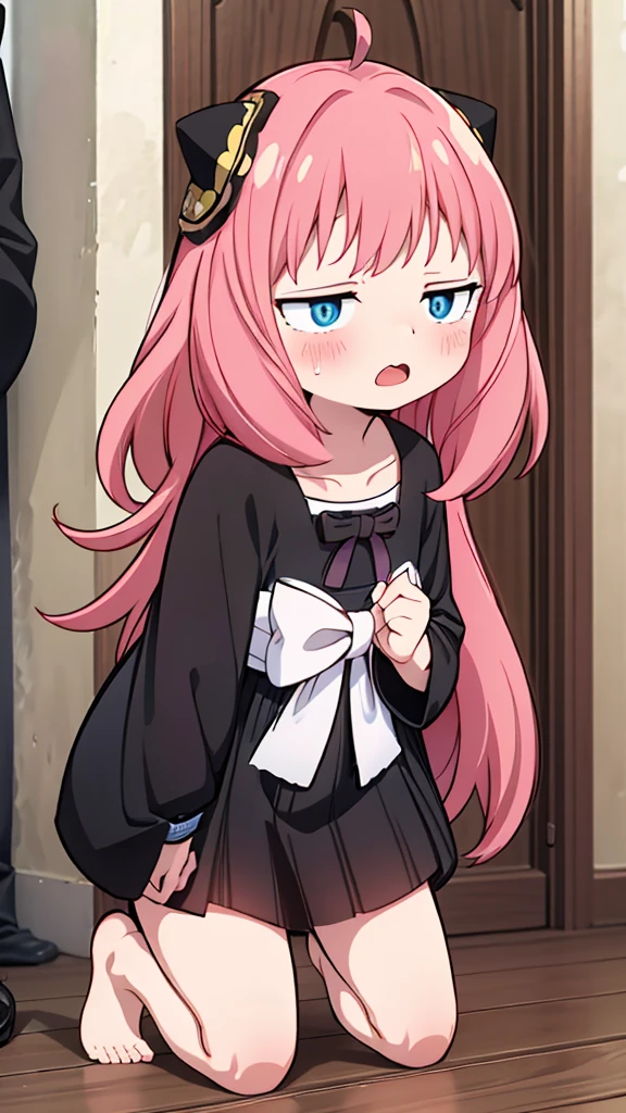 {Highest quality], [Super beautiful], [Ultra fine], [Best illustration], NSFW,Anya, exposed,Blowjob, 2 men, Two penises,Semen, 大量ejaculation,In the mouth, ,Semen on face,Deepthroat,Forced blowjob,Woman kneeling,Alley,barefoot,One man behind,Sex from behind,One man standing in front,From aboveイラマチオ,From above