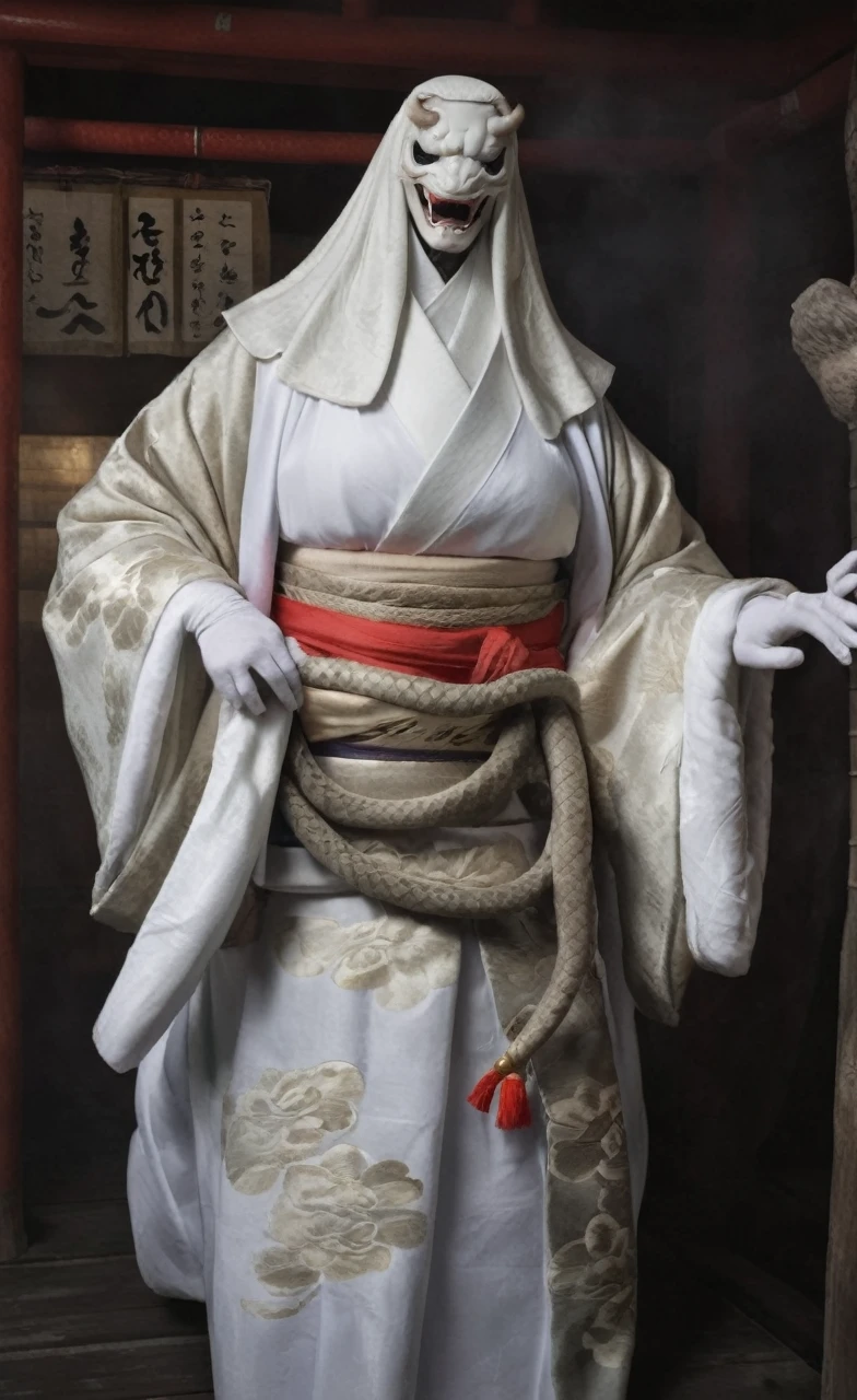 woman,White Face,kimono,A large white snake was coiled around his body.,Inside the shrine,Dim atmosphere,Realistic photos、