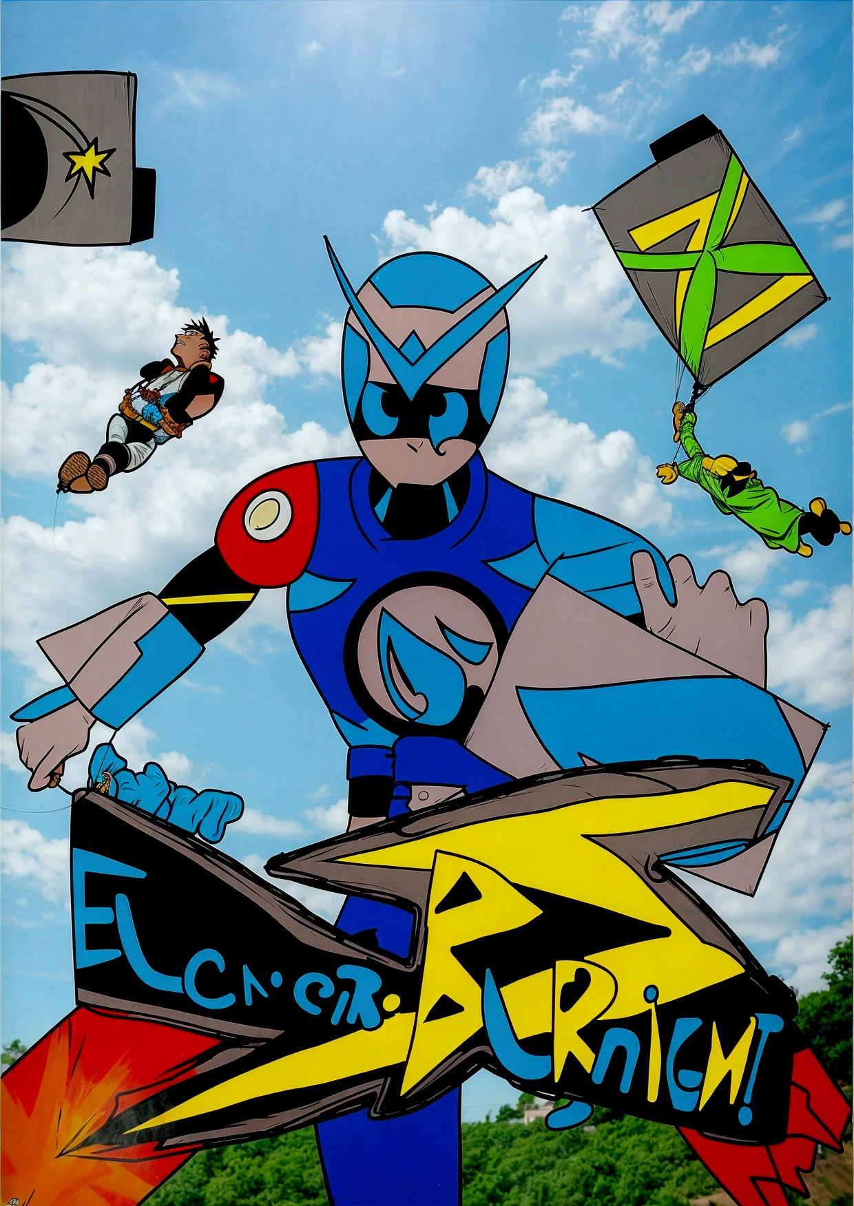 there is a cartoon of a man holding a kite and a sign, an epic anime of a energy man, promotional art, comic book's cover, official art, official artwork, promotional artwork, flying anime esper, comic cover, tekkon kinkret, kamen rider character, g - man ending, anime cover, digital art!!, eboy, art cover