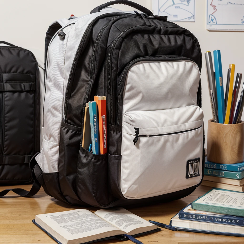 A detailed front view image of an open school backpack, with various books, notebooks, rulers, and pencils inside, high-resolution, photorealistic, background: 100% white