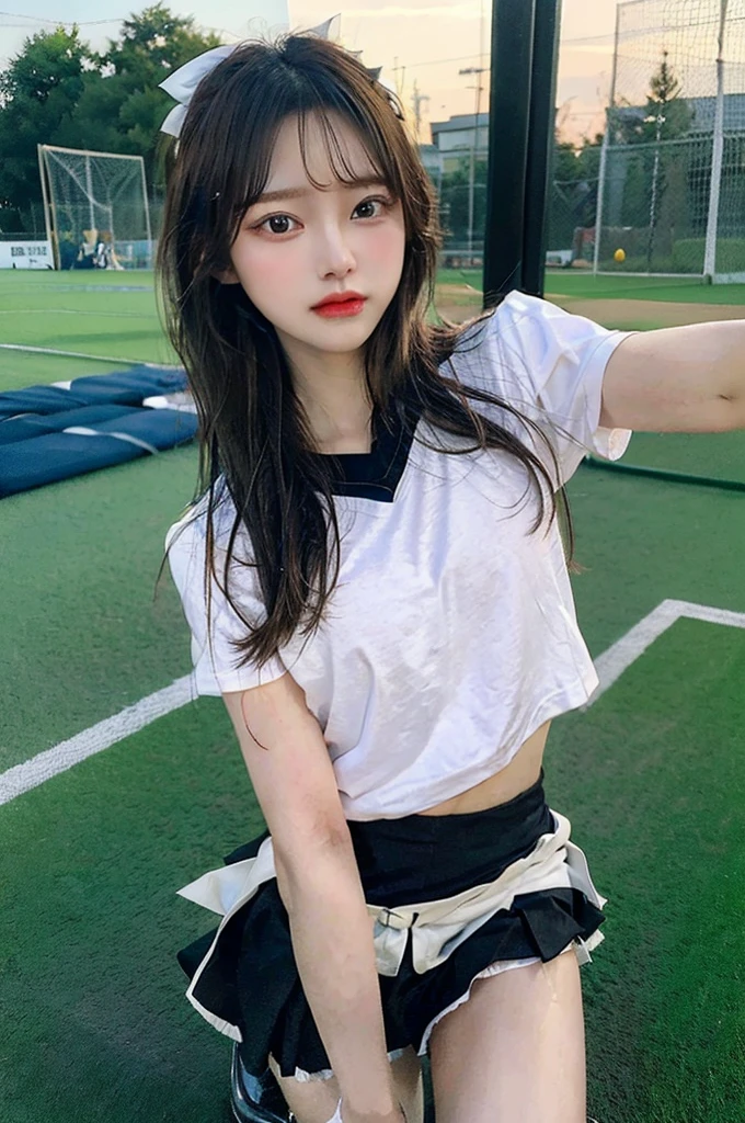 คุณภาพhighสุด、ความละเอียดhigh、very detailed、Masterpiece、RAW shooting:2、realistically:2、Virtual image:2、Very delicate and beautiful、exquisite details、full shot、3 women、Japan、22 years old、(cheerleader)、(Cheer on the pitch.)、(beautiful face:1.5)、Cheer uniform、(short skirt:1.5)、high、brown hair、put on makeup、textured skin、(Bare legs:1.5)、perfect proportions