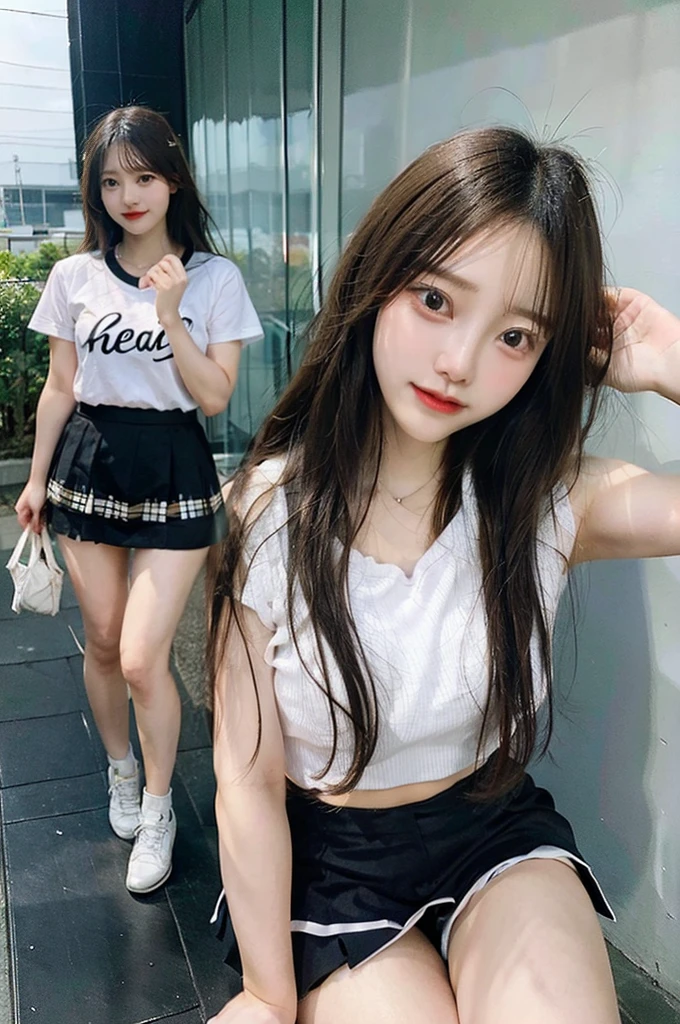 คุณภาพhighสุด、ความละเอียดhigh、very detailed、Masterpiece、RAW shooting:2、realistically:2、Virtual image:2、Very delicate and beautiful、exquisite details、full shot、3 women、Japan、22 years old、(cheerleader)、(Cheer on the pitch.)、(beautiful face:1.5)、Cheer uniform、(short skirt:1.5)、high、brown hair、put on makeup、textured skin、(Bare legs:1.5)、perfect proportions