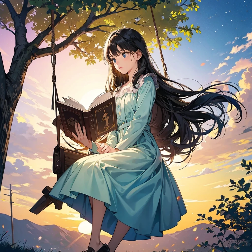 a girl sitting on a swing reading a book at dusk, reading under a tree, opening scene, movie promotional photo, the aesthetics of storytelling, children's literature, magical scene
