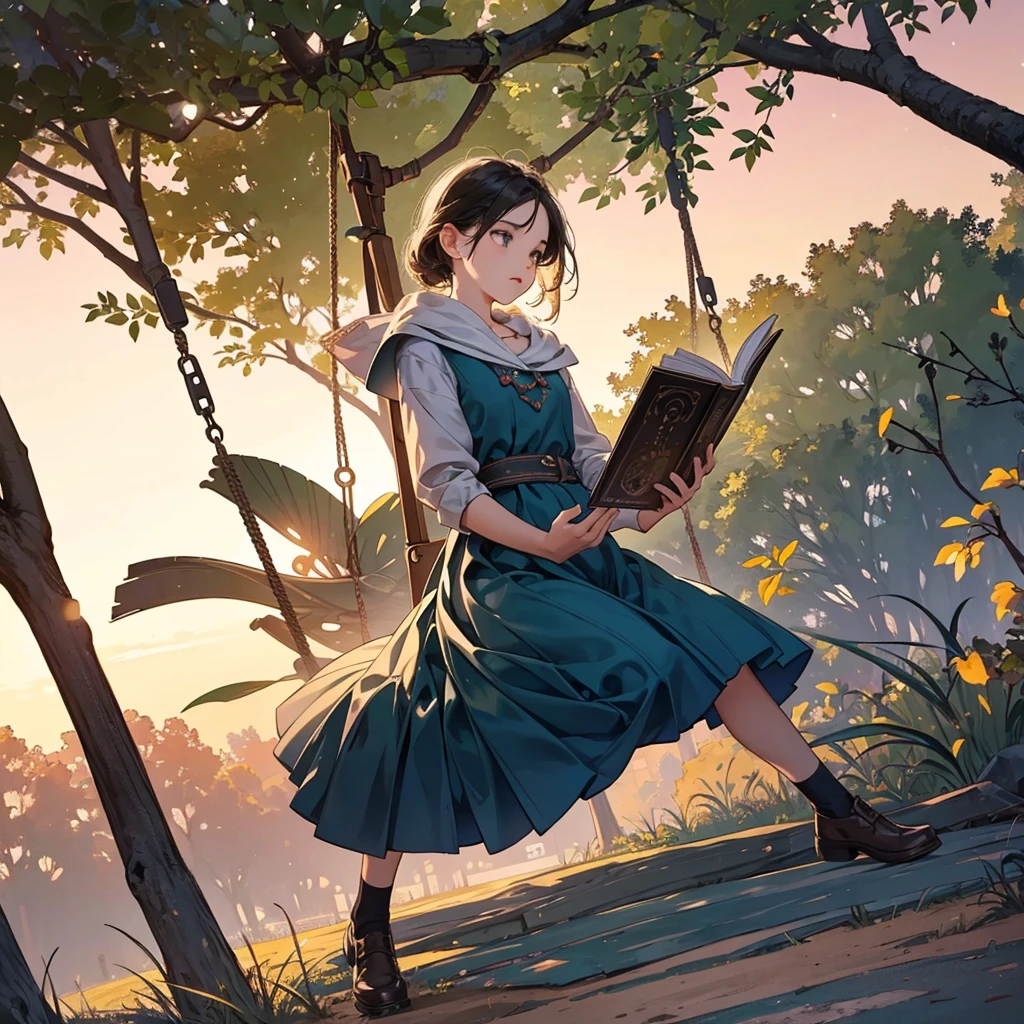 a girl sitting on a swing reading a book at dusk, reading under a tree, opening scene, movie promotional photo, the aesthetics of storytelling, children's literature, magical scene
