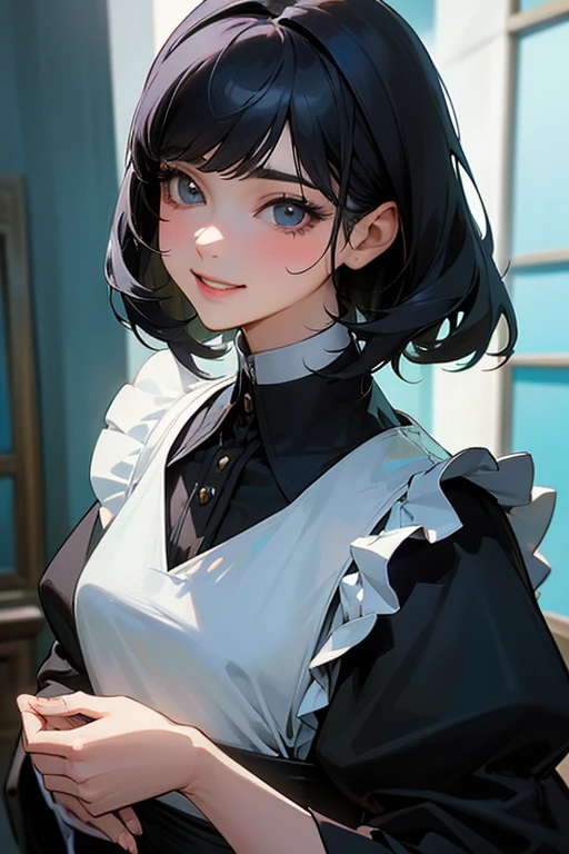 (Highest Resolution, clear_image) Highest quality, single, One woman, alone, masterpiece, Very detailed, Semi-realistic, Black Hairのショートヘア, Black Hair, bangs, 18-year-old, mature, Light blue , Indoor Background, kind, Authoritative, Powerful, exquisite features, exquisite features、Eyelashes become longer、Showing teeth、smile😀、Maid clothes、woman'Fingers in the、Sleeping on the sofa、Long Hair、Fluttering in the wind、((Off-the-shoulder clothing))