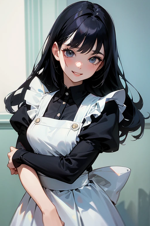 (Highest Resolution, clear_image) Highest quality, single, One woman, alone, masterpiece, Very detailed, Semi-realistic, Black Hairのショートヘア, Black Hair, bangs, 18-year-old, mature, Light blue , Indoor Background, kind, Authoritative, Powerful, exquisite features, exquisite features、Eyelashes become longer、Showing teeth、smile😀、Maid clothes、woman'Fingers in the、Sleeping on the sofa、Long Hair、Fluttering in the wind、((Off-the-shoulder clothing))