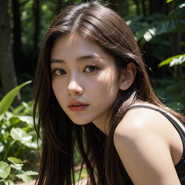 A close-up portrait shot,(photo Realistic:1.4), (hyper Realistic:1.4), (Realistic:1.3), best quality, beautiful asian,middle ages,19 years old,slender,in the forest,Detailed skin texture,Sleeveless,feet,Dirty Skin