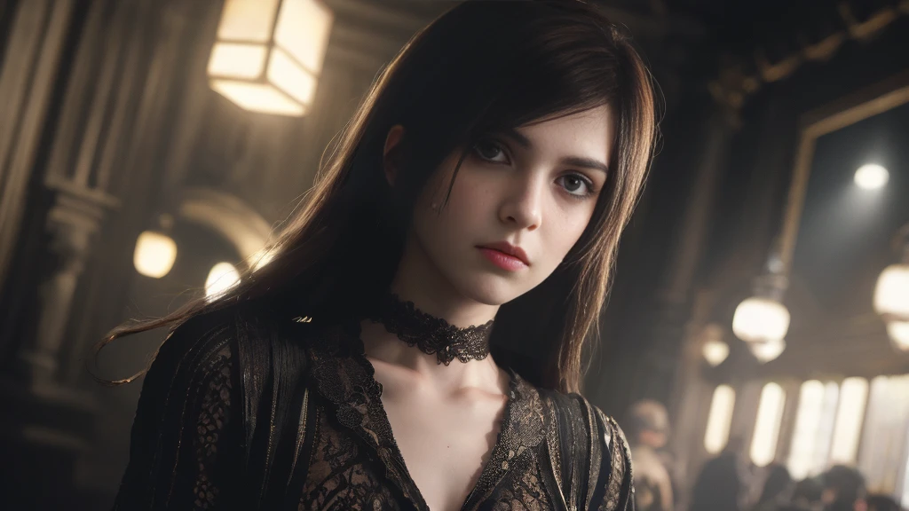 a professional cinematographer, beautiful gothic girl, serious expression, detailed facial features, porcelain skin, dark lipstick, dark eye makeup, dark clothing, dark hair, intricate lighting, dramatic chiaroscuro, cinematic composition, high-quality cinematic photograph, cinematic atmosphere, moody lighting, dramatic shadows, high-contrast, photorealistic, hyper-detailed, masterpiece, 8k, ultra-detailed