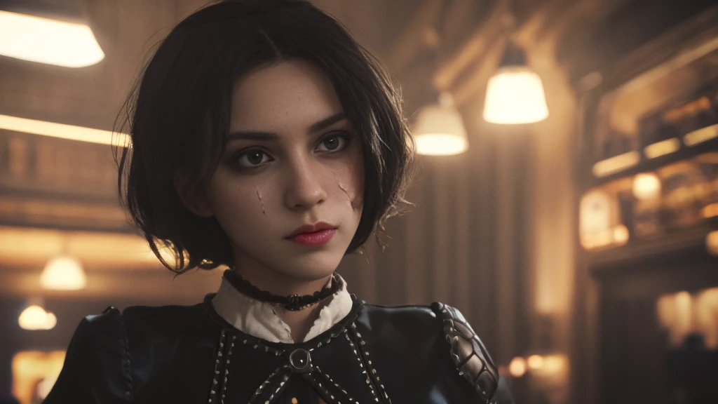 a professional cinematographer, beautiful gothic girl, serious expression, detailed facial features, porcelain skin, dark lipstick, dark eye makeup, dark clothing, dark hair, intricate lighting, dramatic chiaroscuro, cinematic composition, high-quality cinematic photograph, cinematic atmosphere, moody lighting, dramatic shadows, high-contrast, photorealistic, hyper-detailed, masterpiece, 8k, ultra-detailed