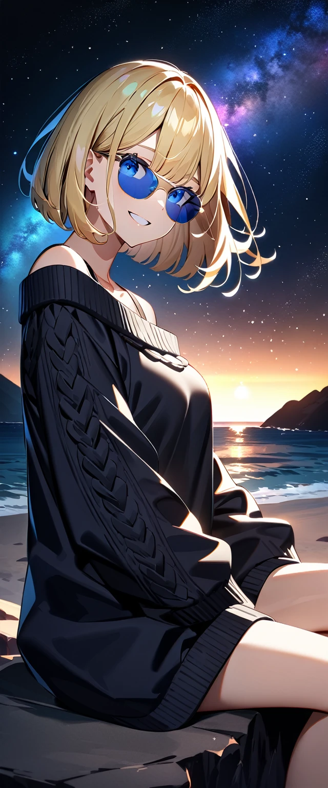 (((a beautiful starry sky, the Milky Way shining beautifully in the night))), ((bare legs)), (((sunglasses, hand to sunglasses))), (Aran sweater), ((((from side)))), upper body, ((sitting on the very high cliff)), wavy hair, inward curled hair, sea, beach, ((blond hair, bob cut:1.3)), breasts, teenager, (looking at viewer), oversized clothes, puffy long sleeves, ((off-shoulder sweater:1.3, Quite thick shoulder straps)), ((black sweater)), collarbone, head tilt:1.3, (((blue eyes))), happy smile, (((anime style))), (best quality, 4K, 8K, highres, masterpiece:1.2, ultra-detailed, ultra-detailed eyes, HDR, uhd, studio lighting, ultra-fine painting, sharp focus, physically-based rendering, extreme detail description, professional, vivid colors, bokeh)