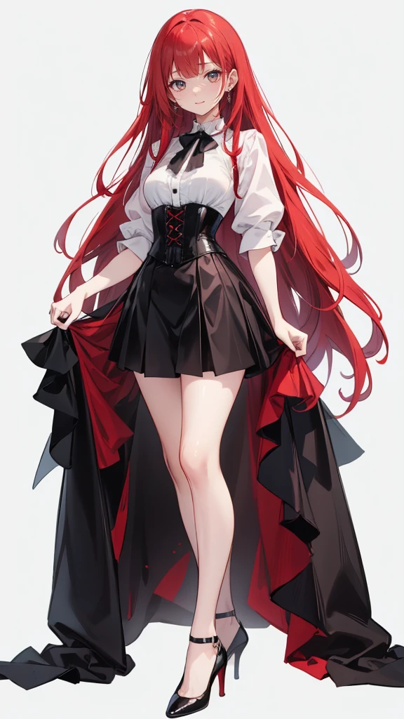 red Hair,long hair,Adult female,White Y-shirt,((Rolling up his sleeves)),(corset),(Black tight skirt),(High heels),((Simple white background)),smile,((whole body)),((full body)),