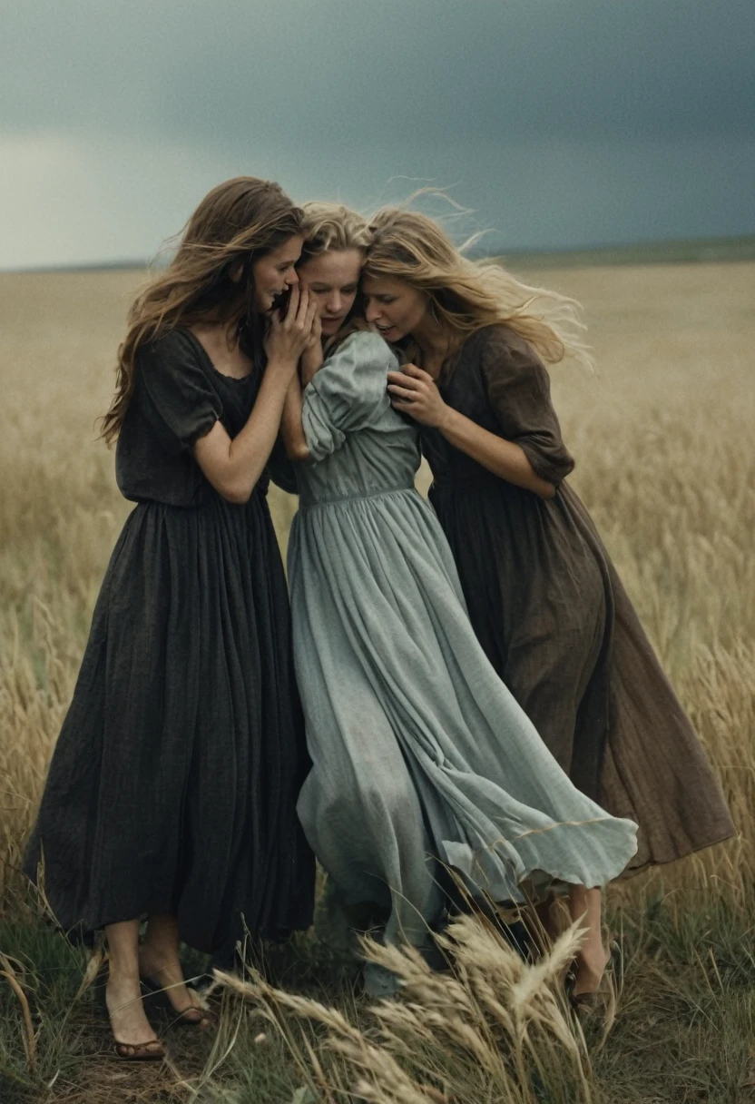 analog film dynamic Dynamic, sad lost natural pale (group of different caucasians _women 3 girls "ashley,brenda and sofia":1.7) comforting each other in a barley field,Dynamic,traditional-rural-maid-dress, (stormy,cloudy, Strong wind, Hair blows in the strong wind.,(strands of hair covering the face)), (bleak,Lonely,gloomy,sombre,poor,Farmer,depression, Famine,sad,dirty,dust,abandoned,muted colors,DOF,dark moody,dirty clothes,fur,neckline,run over,film grain,Very detailed:1.7), faded film,viñeta, stained,