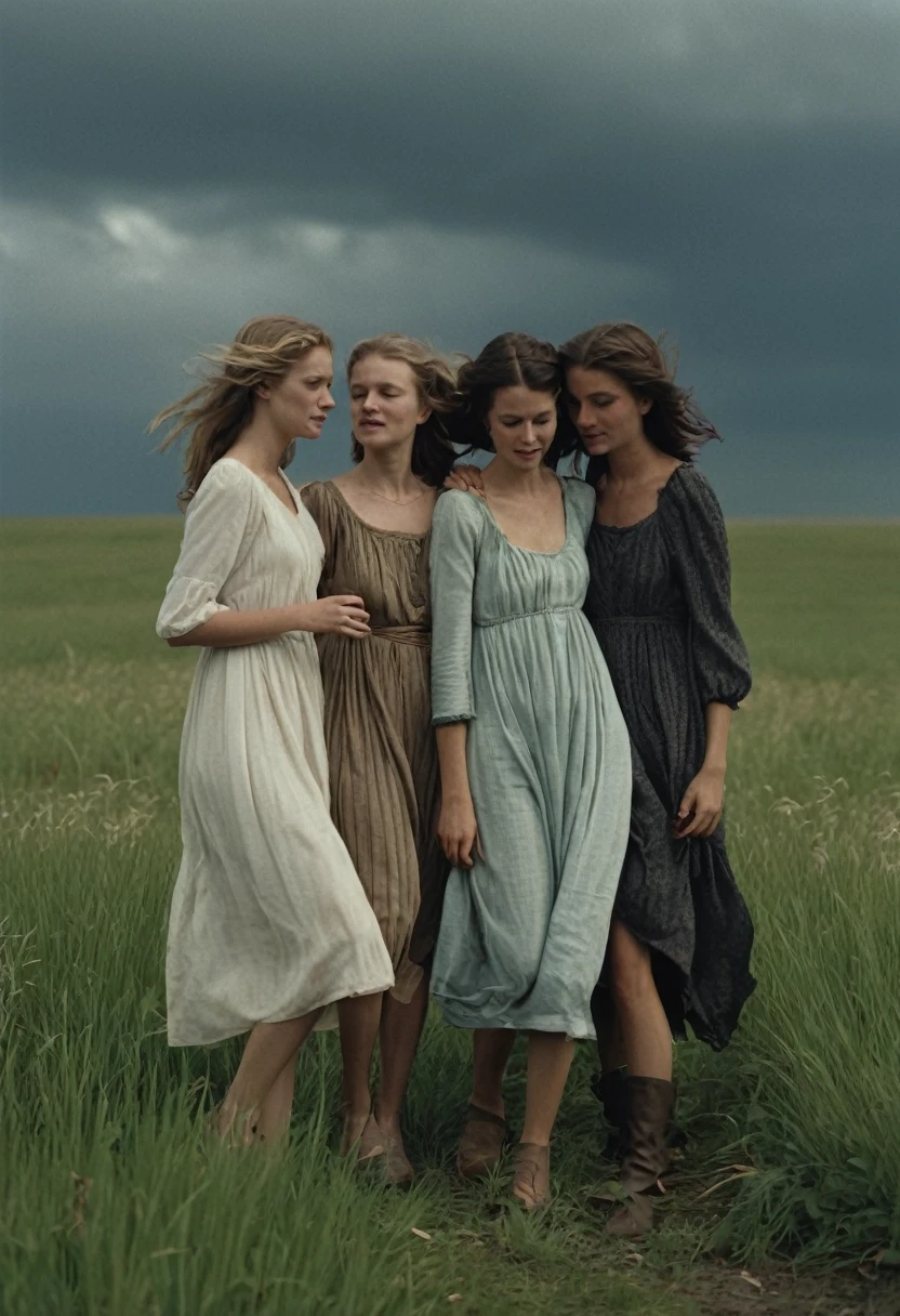 og film dynamic Dynamic, sad lost natural pale (group of different caucasians _women 3 girls "ashley,brenda and sofia":1.7) comforting each other in a barley field,Dynamic,traditional-rural-maid-dress, (stormy,cloudy, Strong wind, Hair blows in the strong wind.,(strands of hair covering the face)), (bleak,Loneomy,sombre,poor,Farmer,depression, Famine,sad,dirty,dust,abandoned,muted colors,DOF,dark moody,dirty clothes,fur,neckline,run over,film grain,Very detailed:1.7), faded film,viñeta, stained,