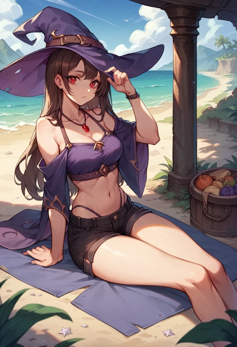 witch, midriff-baring summer normal purple clothes, black normal shorts, red eyes, red necklace, purple witch hat, medium-length brown hair, sitting on the beach of an island, a towel in her hand, 8K