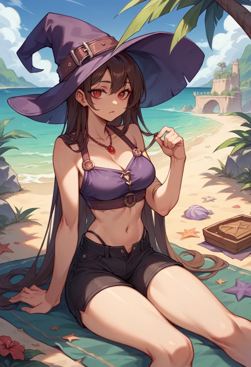 witch, midriff-baring summer normal purple clothes, black normal shorts, red eyes, red necklace, purple witch hat, medium-length brown hair, sitting on the beach of an island, a towel in her hand, 8K