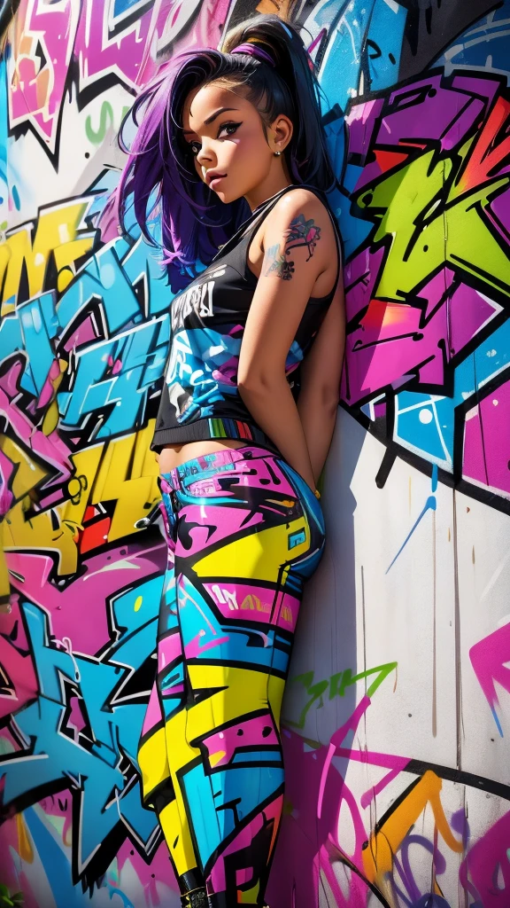 (best quality), (high detail), (vivid colors), (graffiti style), (freestyle), (Close up), (1girl), young sexy female graffiti artist, spraying graffiti on a wall painted with street art, HDR, 8K, 3D, graffiti art style.