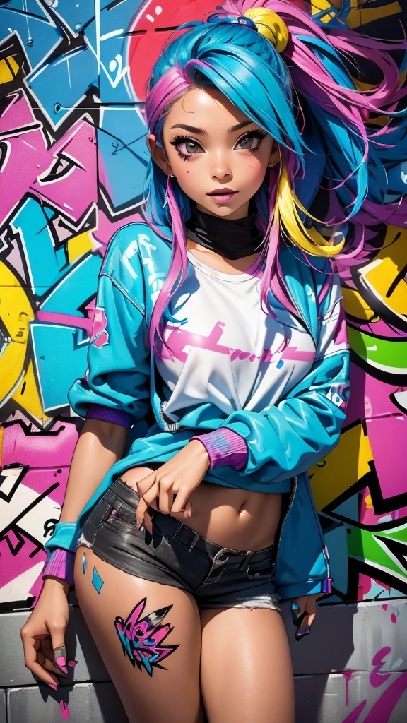 (best quality), (high detail), (vivid colors), (graffiti style), (freestyle), (Close up), (1girl), young sexy female graffiti artist, spraying graffiti on a wall painted with street art, HDR, 8K, 3D, graffiti art style.