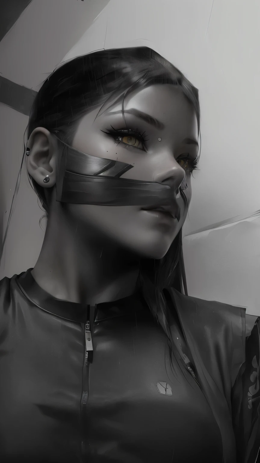 konan (naruto), 1girl, solo, breasts, yellow_eyes, upper_body, looking_to_the_side, makeup, zipper, rain, paper, nose, open clothes, paper jutsu, upper body, akatsuki outfit, labret piercing 
