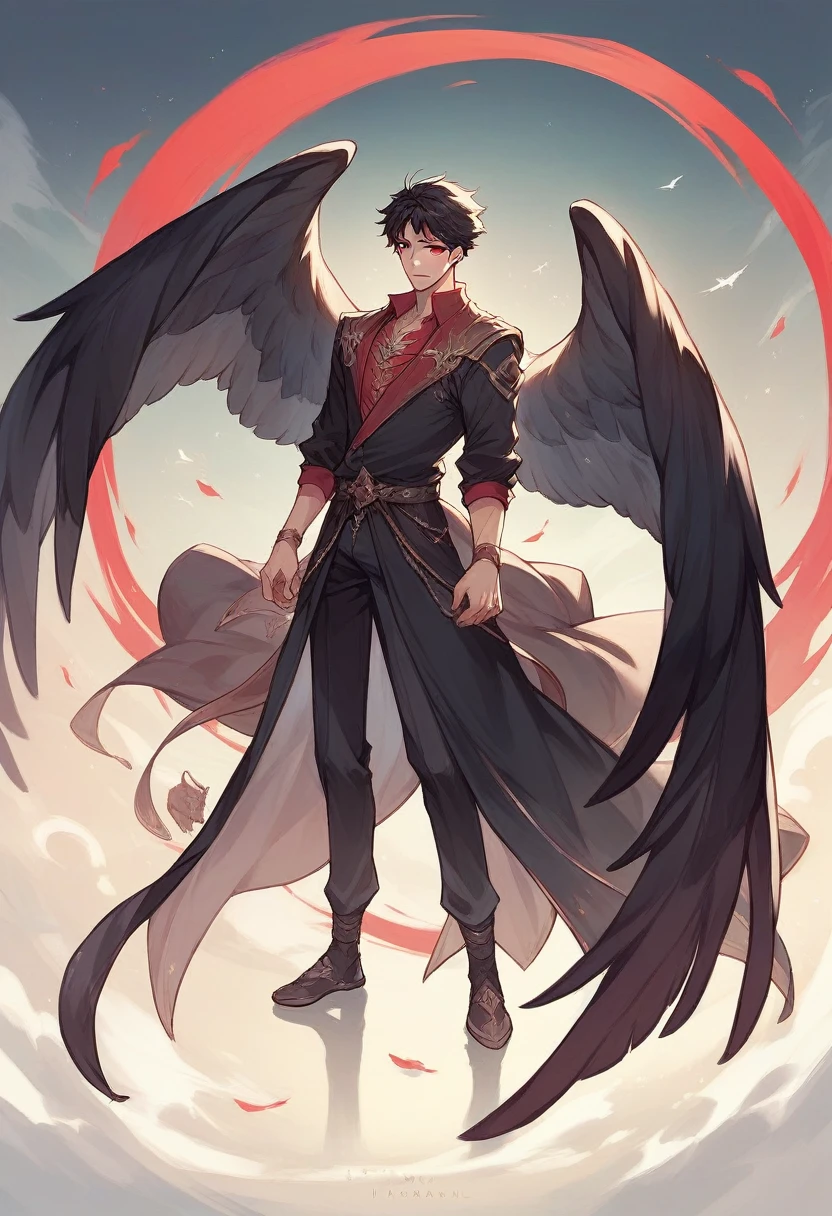 man,I have black hair,red eyes,It has black wings.,Standing amid the red mist,Beautiful view,High quality