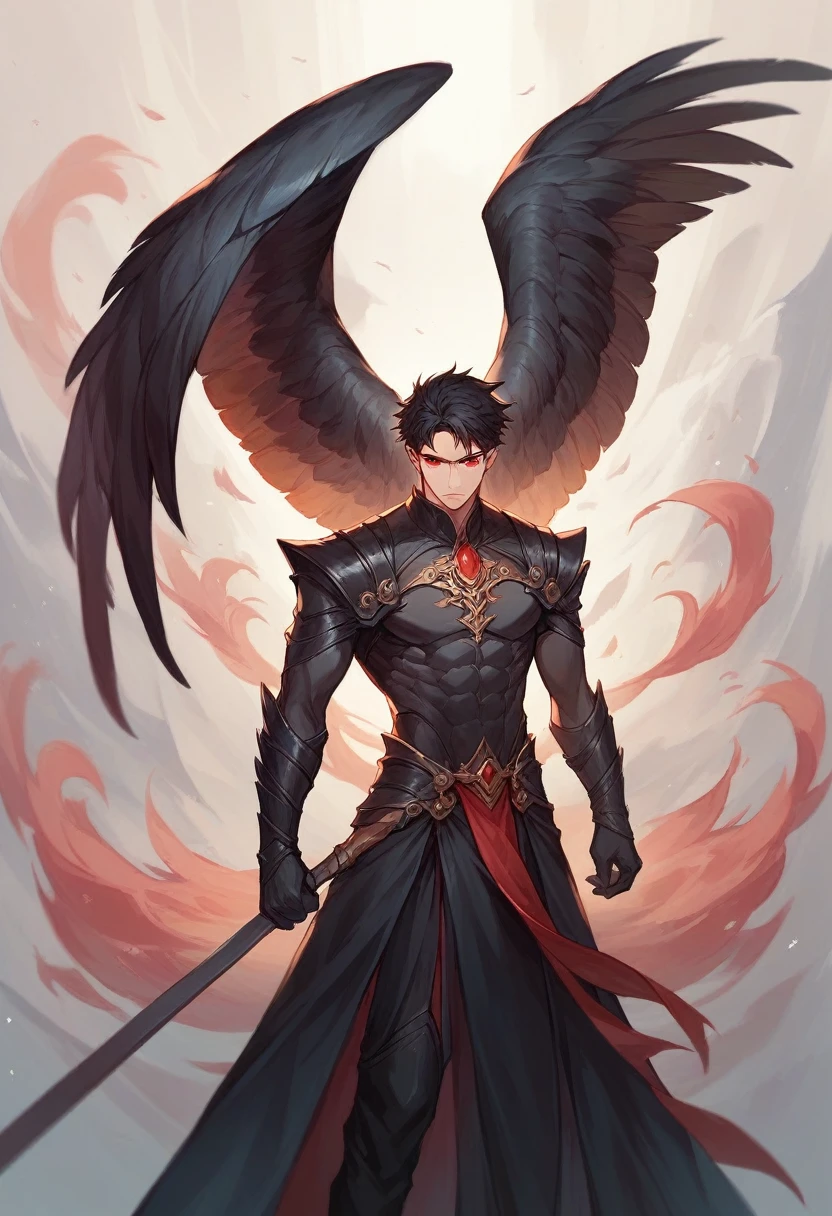 man,I have black hair,red eyes,It has black wings.,Standing amid the red mist,Beautiful view,High quality