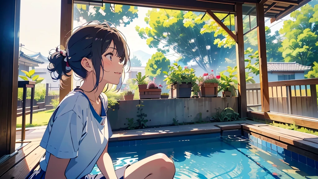 masterpiece,best quality, ultra high res,(beautiful girl:1.4), (beautiful Busty breasts:1), (happy:1.2), (enjoy:1.2), (dark hair:1), (short low ponytail:1.2), medium hair,a sexy mole around the mouth,wet lip, (burst into laughter:1.4), (squinting:1.4), (simple plain uniform:1.5),(gym uniform:1), school gym clothes, (plain:1.8),(wearing round neck white t-shirt:1.2), navy blue short Sweatpants , upper body shot, ((In a large empty pool)), Pool cleaning, (clean), low angle from below, An old anime school girl character sitting sitting in the terasse of an old japanese house, relaxing at the view of her garden. summer vibes. The colors are soft and pastel, with soft lighting and a nostalgic ambiance, Lo-Fi, , cute girl, side view
