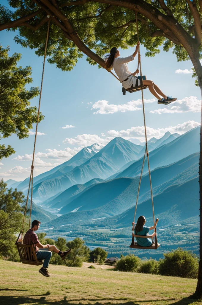 Create a girl and a guy on a tree swing, mountains and landscape in the background