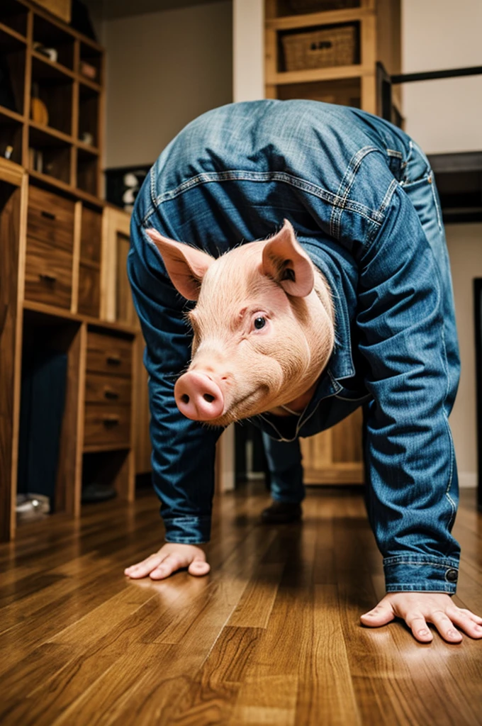 A guy with a pig mask on all fours