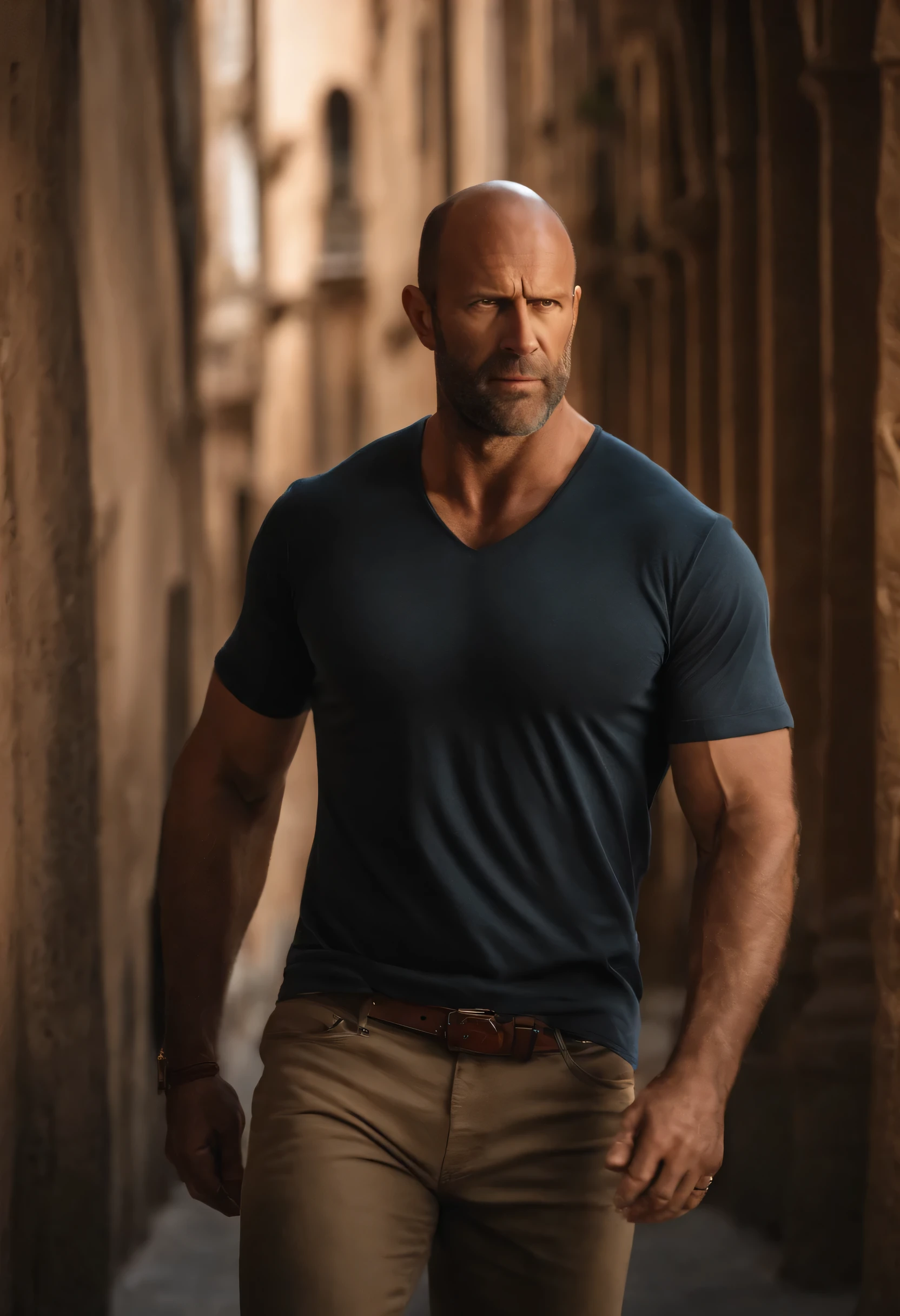 Image of a man for a story in a YouTube video in Pixar format, He is almost bald, He has a thin beard, He looks a lot like Jason Statham and has a seductive look.. He is 40 years old, But he shows a very young spirit and at the same time he is a very serious and responsible man... He wears a black t-shirt, and has very expressive eyes
