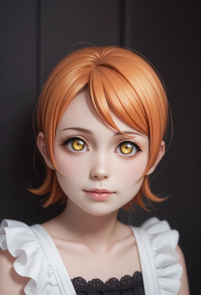 (​best quality,highres,masterpiece),solo, realistic art,Hoshizora rin love live, orange hair, yellow eyes, realistic doll, horror, empty eyes, looking at viewer,dark room,dark blood 