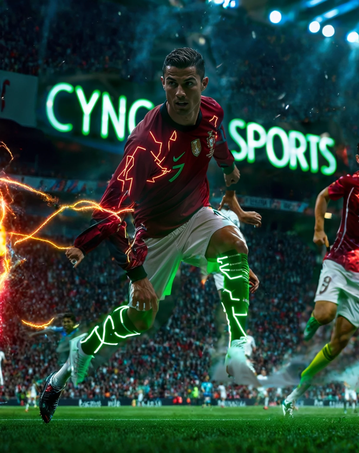 Cristiano ronaldo  red smoke, red backlight,  red sparks, red light streaks,  futuristic,  cyberpunk,  neon, the midst of a football stadium alive with action, clouds of red smoke billow, neon lights cast a vibrant glow, and sparks dance through the air in a dazzling display of energy and excitement. Tilt sports photography captures the scene with dynamic angles and crisp clarity, showcasing the intensity of the moment. The main subject of the image is a team of players charging through the field, their determination and passion palpable as they strive for victory. This expertly composed and vividly colorful image immerses viewers in the thrill of the game, capturing every thrilling moment in stunning detail.