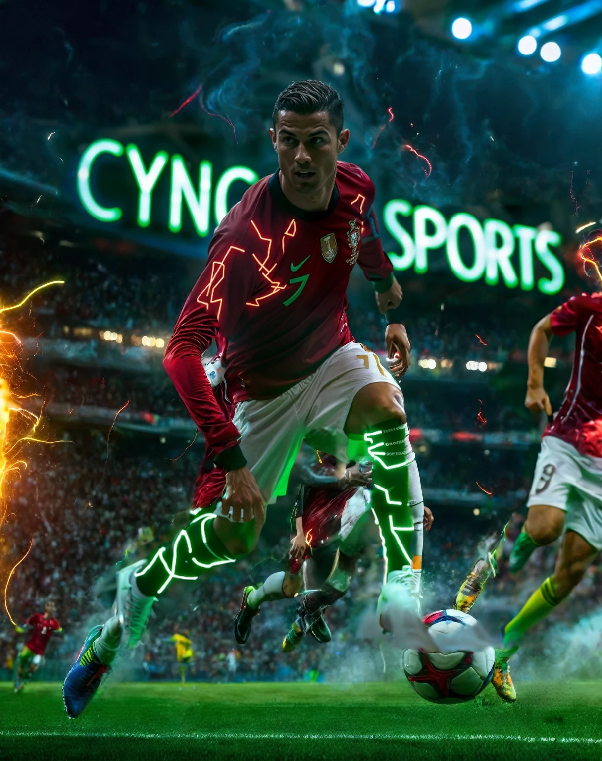 Cristiano ronaldo red smoke, red backlight, red sparks, red light streaks, futuristic, cyberpunk, neon, the midst of a football stadium alive with action, clouds of red smoke billow, neon lights cast a vibrant glow, and sparks dance through the air in a dazzling display of energy and excitement. Tilt sports photography captures the scene with dynamic angles and crisp clarity, showcasing the intensity of the moment. The main subject of the image is a team of players charging through the field, their determination and passion palpable as they strive for victory. This expertly composed and vividly colorful image immerses viewers in the thrill of the game, capturing every thrilling moment in stunning detail.