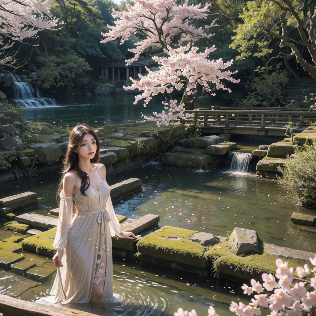 A beautiful girl with long flowing hair, standing on a little wooden arched bridge in a serene cherry blossom park, petals gently falling into a meandering stream, 1girl, detailed facial features, long eyelashes, detailed hair, cherry blossom tree, arched stone bridge, flowing stream, spring landscape, detailed foliage, soft lighting, vivid colors, photorealistic, (best quality,4k,8k,highres,masterpiece:1.2),ultra-detailed,(realistic,photorealistic,photo-realistic:1.37),intricate details,natural scenery,atmospheric,serene,tranquil,vibrant colors,depth of field