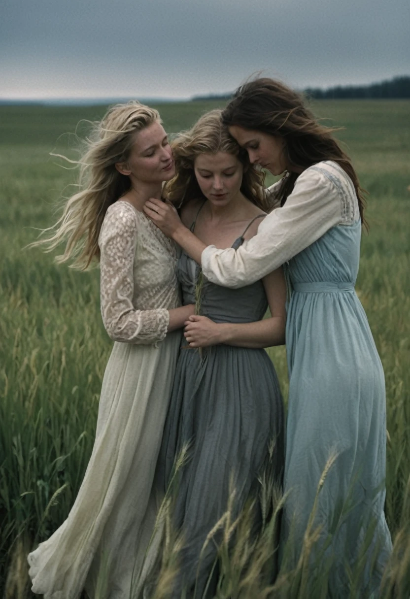 analog film dynamic Dynamic, sad lost natural pale (group of different caucasians _women 3 girls "ashley,brenda and sofia":1.7) comforting each other in a barley field,Dynamic,traditional-rural-maid-dress, (stormy,cloudy, Strong wind, Hair blows in the strong wind.,(strands of hair covering the face)), (bleak,Lonely,gloomy,sombre,poor,Farmer,depression, Famine,sad,dirty,dust,abandoned,muted colors,DOF,dark moody,dirty clothes,fur,neckline,run over,film grain,Very detailed:1.7), faded film,viñeta, stained,
