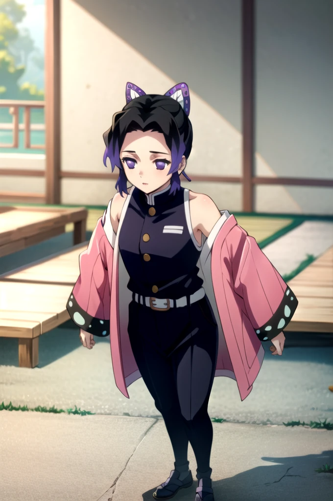 EFT_Shinobu, 1girl, kochou shinobu, demon slayer uniform, butterfly hair ornament, solo, hair ornament, purple hair, multicolored hair, purple eyes, black hair, japanese clothes, gradient hair, belt, short hair, sheath, long sleeves, empty eyes, parted bangs, jacket, no pupils, bangs, white belt, blurry background, indoors, full body, blurry. standing, hands down, crop top, bare shoulder