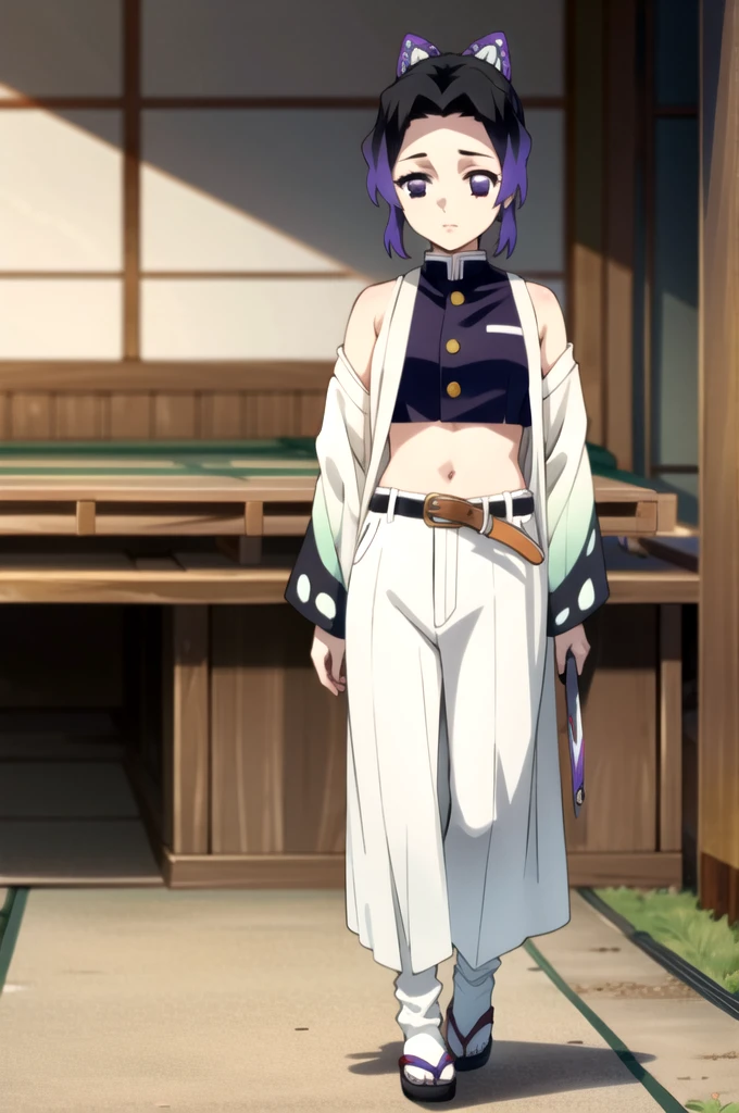 EFT_Shinobu, 1girl, kochou shinobu, demon slayer uniform, butterfly hair ornament, solo, hair ornament, purple hair, multicolored hair, purple eyes, black hair, japanese clothes, gradient hair, belt, short hair, sheath, long sleeves, empty eyes, parted bangs, jacket, no pupils, bangs, white belt, blurry background, indoors, full body, blurry. standing, hands down, crop top, bare shoulder