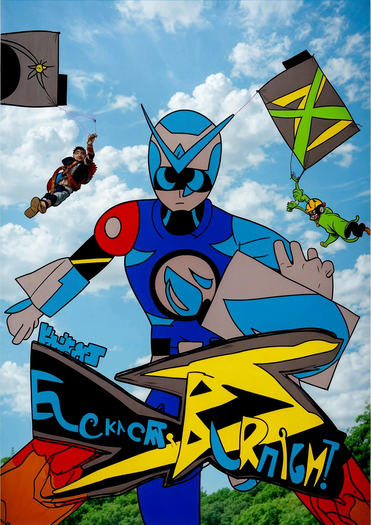 there is a cartoon of a man holding a kite and a sign, an epic anime of a energy man, promotional art, comic book's cover, official art, official artwork, promotional artwork, flying anime esper, comic cover, tekkon kinkret, kamen rider character, g - man ending, anime cover, digital art!!, eboy, art cover