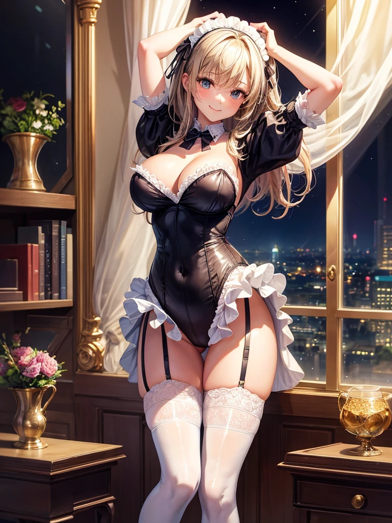 Highest quality,Highest Resolution,Beautiful girl with a smile in a super high leg maid leotard,Big Breasts,Striped knee-high stockings,Frills,garter belt,Bedroom,Night view outside the window,Standing posture,front,whole body,Place your hands behind your head.,
